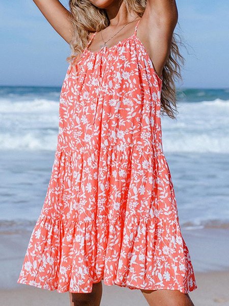 Loosen Spaghetti Casual Sleeveless Woven Dresses, Orange, Mini Dresses