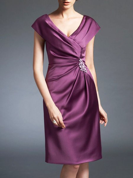V Neck Slim Fit Solid Elegant Short Sleeve Dress, Purple, Midi Dresses