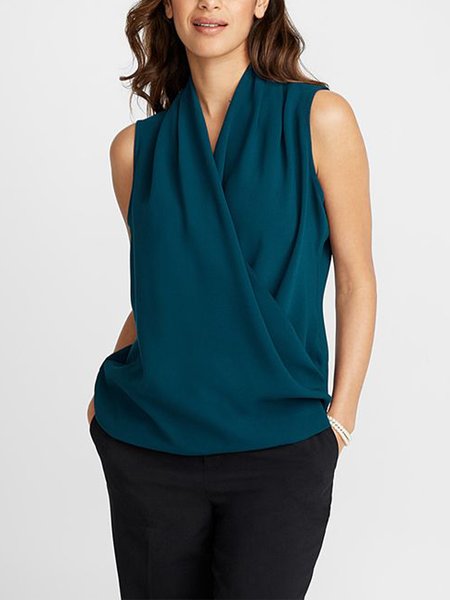 Simple Cross Front Loosen Woven, Blue, Blouses and Shirts