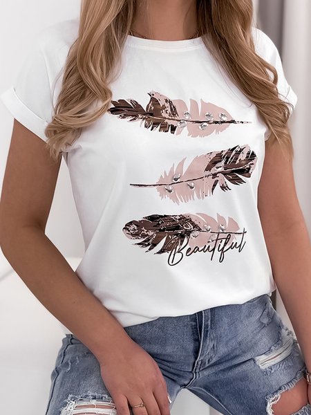Feather Casual Short Sleeve T-Shirt, White, T-Shirts