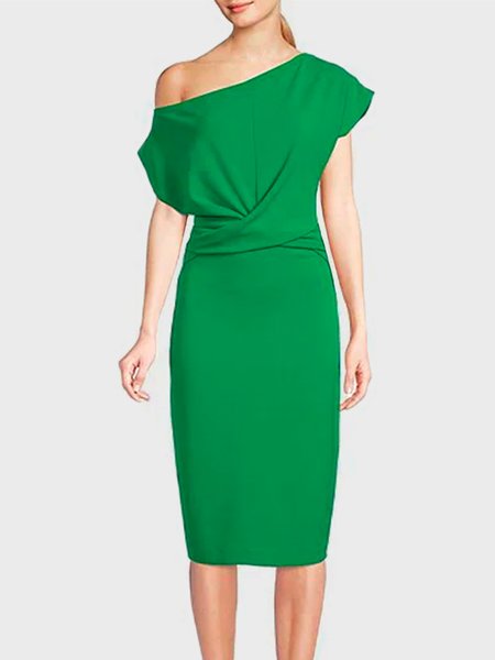 Regular Fit Off The Shoulder Plain Short Sleeve Knit Dress, Green, Midi Dresses