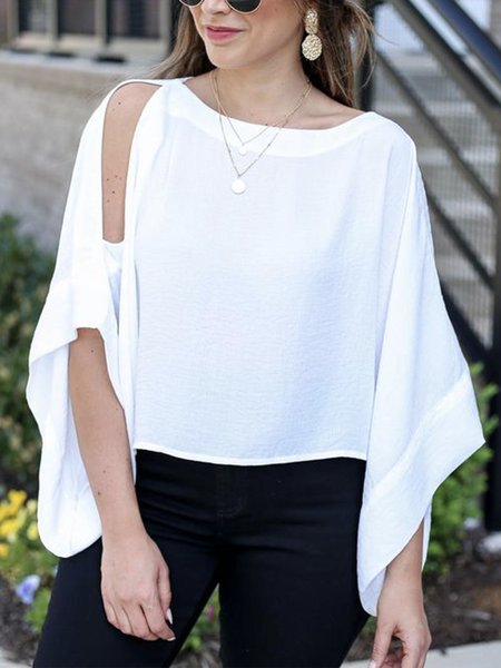 Casual Loosen Solid Half Sleeve Top, White, Tops