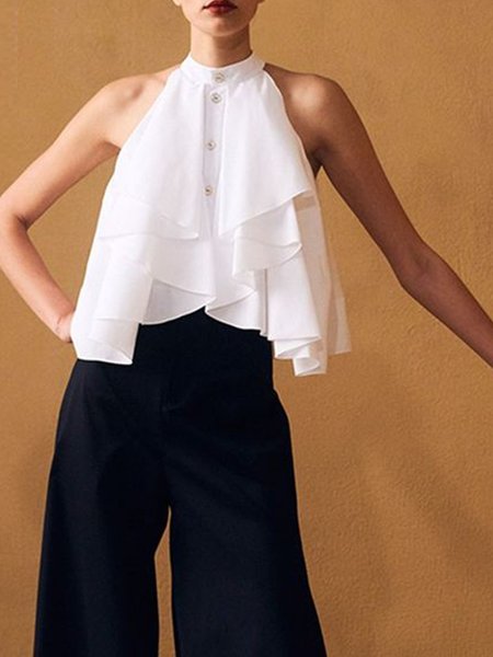 Loosen Stand Collar Short Sleeve Tops, White, Tops