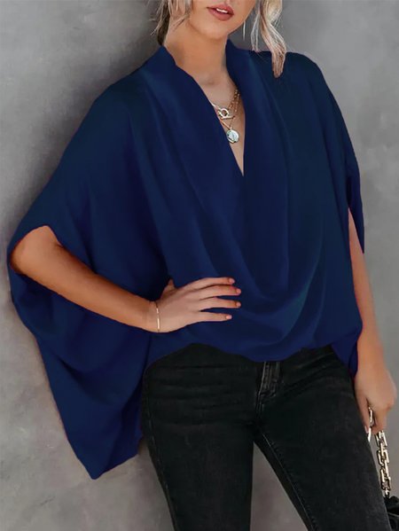 Casual Solid Cowl Neck Half Sleeve Top, Deep blue, Blouses and Shirts
