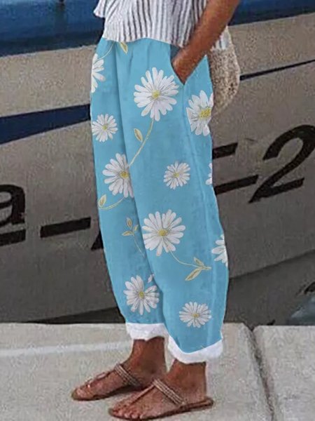 Floral Pockets Casual Pants, Blue, Pants