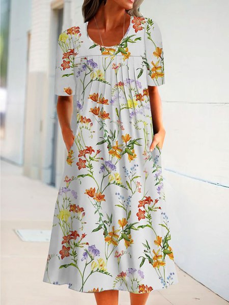 Vacation Loosen Short Sleeve Woven Dress, Flower, Dresses