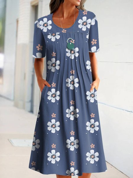 Casual Round Neck Short Sleeve Woven Dress, Blue, Midi Dresses