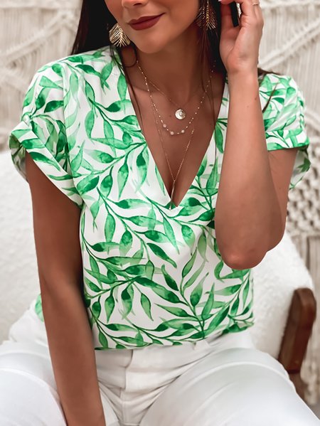 Regular Fit Batwing Casual V Neck Short Sleeve Tops, Green, Tees & T-shirts