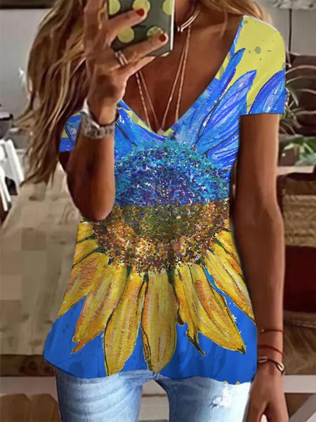 Floral Printed V Neck Regular Fit Casual Short Sleeve T-Shirt, Multicolor, T-Shirts
Floral Printed V Neck Regular Fit Casual Short Sleeve T-Shirt, Multicolor, T-Shirts