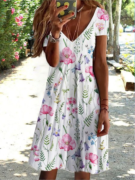 Floral Design V-Neck Short Sleeve Dress, White, Dresses