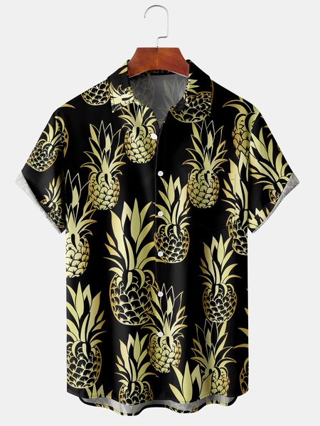 Pineapple Graphic Men's Casual Short Sleeve Chest Pocket Hawaiian Shirt, Black, Men's Floral shirt