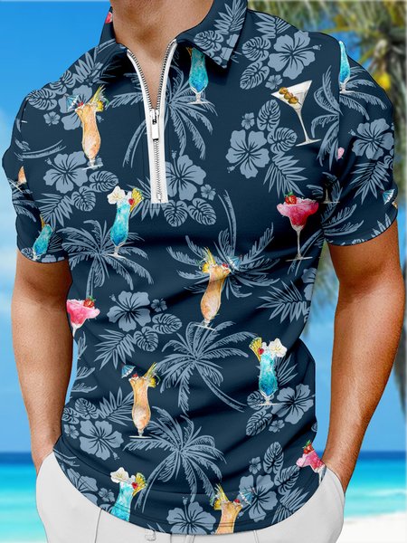 Resort-Style Hawaiian Cocktail Leaf Floral Pattern Lapel Short-Sleeved Polo Print Top, Purplish blue, Men's t-shirts
Resort-Style Hawaiian Cocktail Leaf Floral Pattern Lapel Short-Sleeved Polo Print Top, Purplish blue, Men's t-shirts