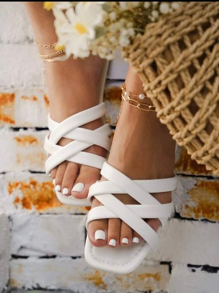 Women's Strap Cross Cutout Upper Flat Square Toe Sandals, White, Sandals
