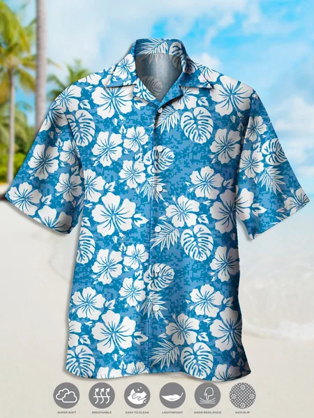 Men's Botanical Print Casual Breathable Short Sleeve Hawaiian Shirt, Blue, Men's Floral shirt