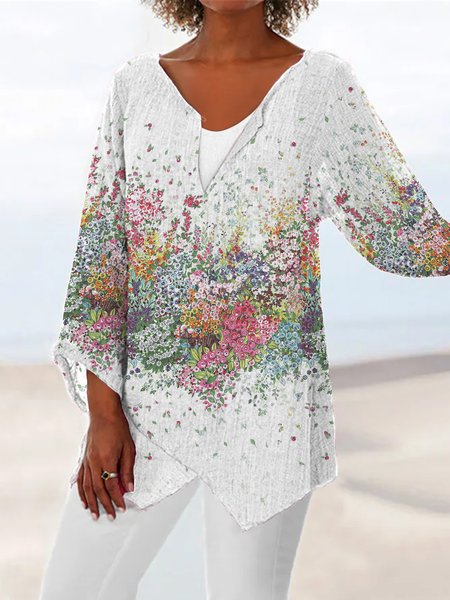Floral Casual Long Sleeve Tops, White, Shirts & Blouses