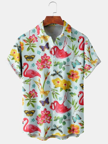 Mens Hawaiian Tropical Flamingo Print Lapel Loose Chest Pocket Short Sleeve Funky Aloha Shirts, Blue, Men's Floral shirt