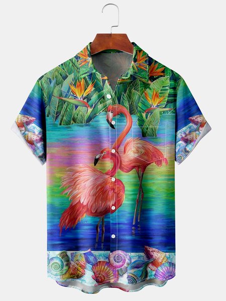 Mens Hawaiian Tropical Flamingo Print Lapel Loose Chest Pocket Short Sleeve Funky Aloha Shirts, Blue, Men's Floral shirt
