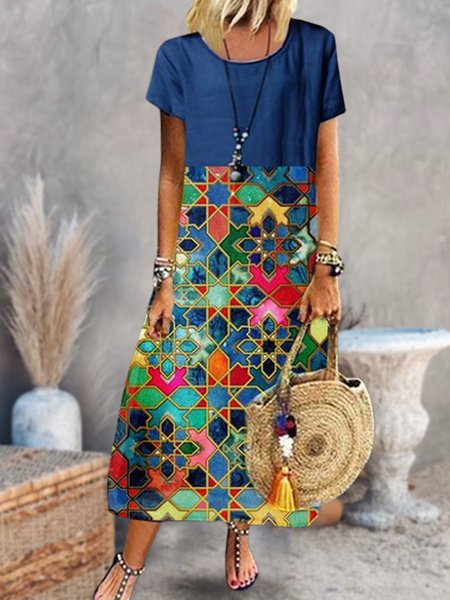Geometric Vacation Crew Neck Color Block Short Sleeve Woven Dress, Multicolor, Dresses
Geometric Vacation Crew Neck Color Block Short Sleeve Woven Dress, Multicolor, Dresses