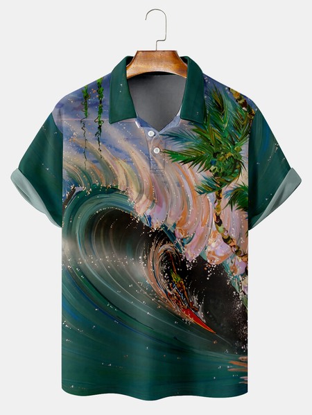 Resort-style Hawaiian Coconut Tree Surf Element Lapel Short Sleeve Polo Print Top, Green, Men's t-shirts
Resort-style Hawaiian Coconut Tree Surf Element Lapel Short Sleeve Polo Print Top, Green, Men's t-shirts