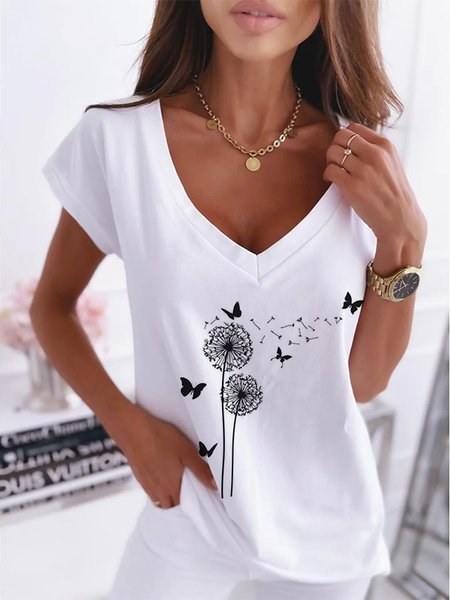 Dandelion V neck Short Sleeve Casual T-Shirt, White, T-Shirts