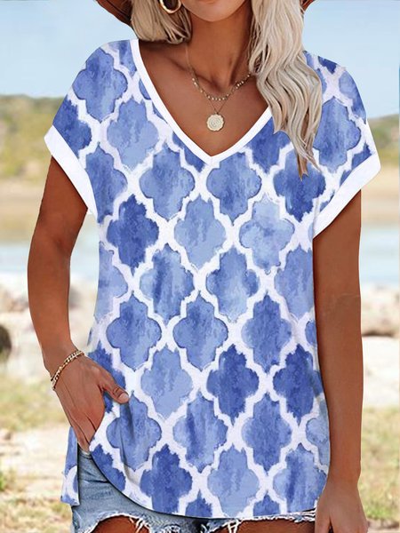 Ink diamond check loose top T-shirt plus size, Blue, T-Shirts