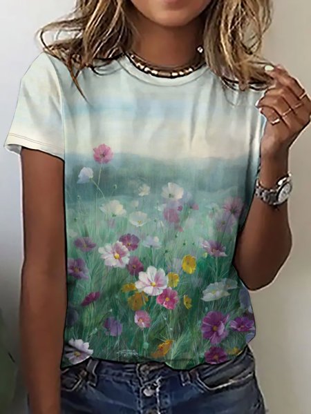 Casual Simple Floral Gradient Print Crew Neck Short Sleeve T-Shirt, Green, T-shirts