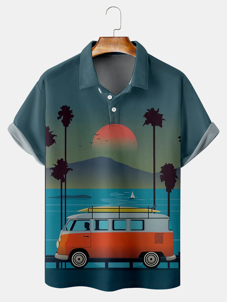 Resort Style Hawaiian Coconut Tree and Car Elements Lapel Short Sleeve Polo Print Top, Cyan, Men's t-shirts
Resort Style Hawaiian Coconut Tree and Car Elements Lapel Short Sleeve Polo Print Top, Cyan, Men's t-shirts