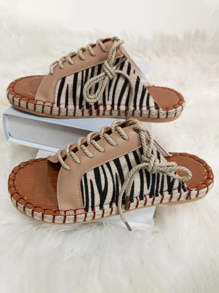 Zebra Print Straw Bottom Casual Lace-Up Slippers, Zebra-stripe, Slippers