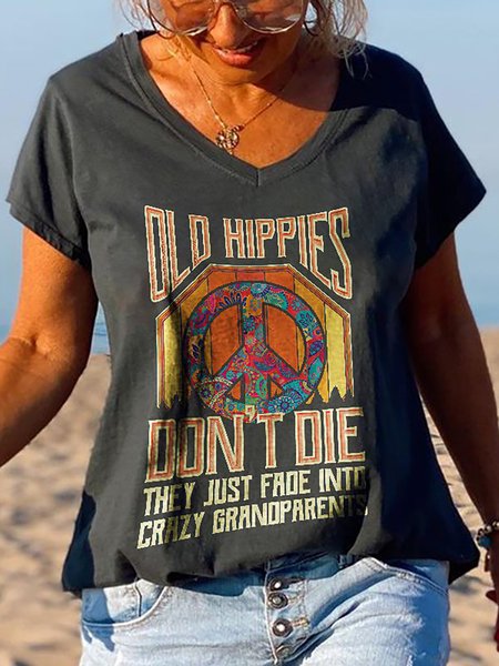 Old Hippies Never Die Casual Short Sleeve T-Shirt, Black, Tops