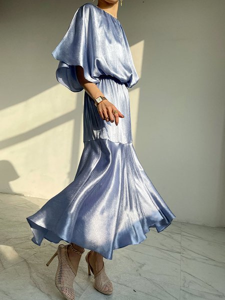 Elegant Short Sleeve Woven Dress, Silver gray, Maxi Dresses