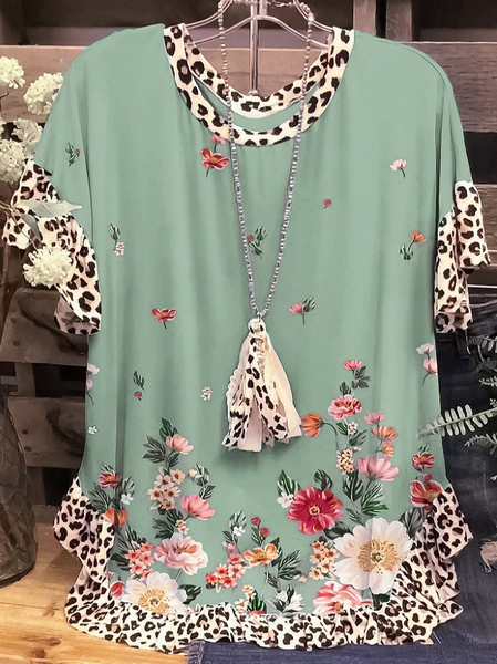 Casual Frill Sleeve Short Sleeve Tops, Green, Shirts & Blouses