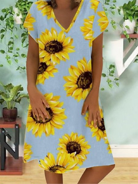 Casual Loosen Sunflower V neck Short Sleeve Knit Dress, Yellow, Mini Dresses