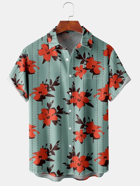 Hibiscus Graphic Men's Casual Short Sleeve Chest Pocket Hawaiian Shirt, Green, Men's Floral shirt