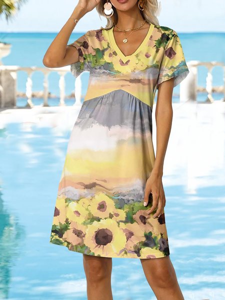 Vacation Yellow Floral Printed Short Sleeve V Neck T-Shirt Dresses, Mini Dresses
Vacation Yellow Floral Printed Short Sleeve V Neck T-Shirt Dresses, Mini Dresses