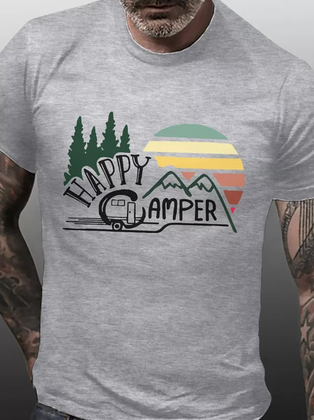 Men's Happy Crew Neck Short Sleeve T-Shirt, Gray, T-shirts