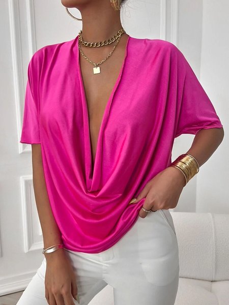 Casual Solid Short Sleeve Loosen Top, Rose red, Tops