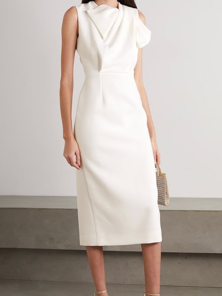 Solid Elegant Regular Fit Sleeveless Midi Dress, White, Midi Dresses