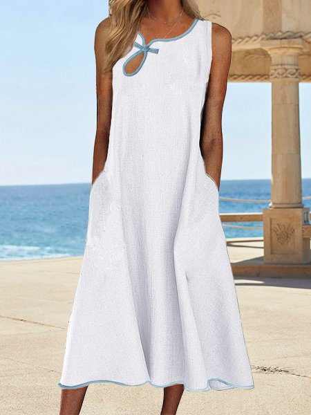 JFN V Neck Button Solid Casual Midi Dresses, White, Dresses