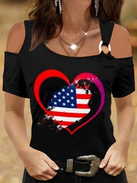 Heart Casual Short Sleeve T-Shirt, Black, T-Shirts