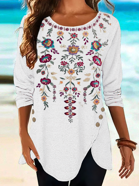Irregular hem top with vine-print buttons Floral Loosen Vintage Long Sleeve Tops, White, Shirts & Blouses
Irregular hem top with vine-print buttons Floral Loosen Vintage Long Sleeve Tops, White, Shirts & Blouses