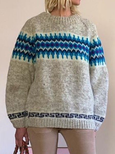 Geometric Tribal Long Sleeve Sweater, Gray, Sweaters