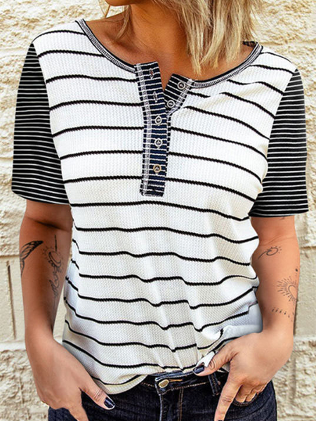 Striped Crew Neck Casual Short Sleeve T-Shirt, White, Tops