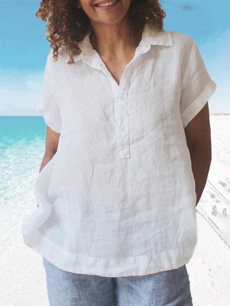 Casual Plain Short Sleeve Tops, White, Tops