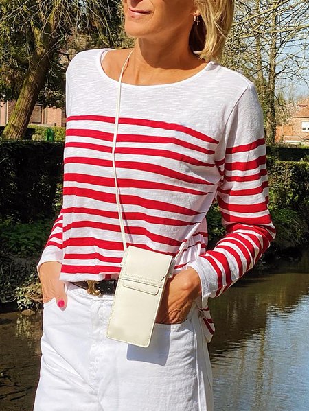 Red Striped Printed Round Neck Long Sleeve Casual Daily T-Shirt, T-Shirts