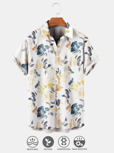 Men's Cotton Linen Plant Floral Comfortable Short Sleeve Shirt, As picture, Shirts & Blouse