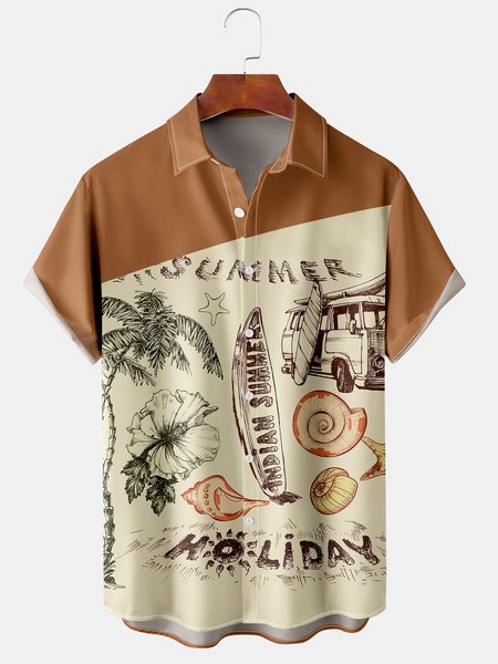 Men's Coconut Tree Print Casual Breathable Short Sleeve Hawaiian Shirt, Brown, Men's Floral shirt