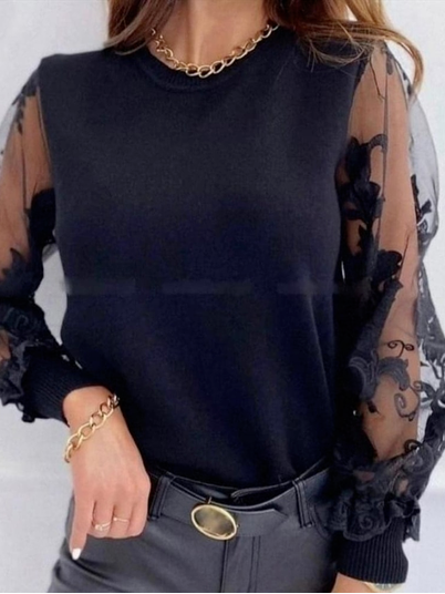 Crew Neck Solid Basics Long Sleeve Tops, Black, Shirts & Blouses