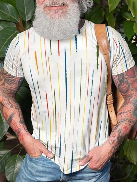 Men's Striped Funny Print Short Sleeve Crew Neck T-Shirt, As picture, T-shirts