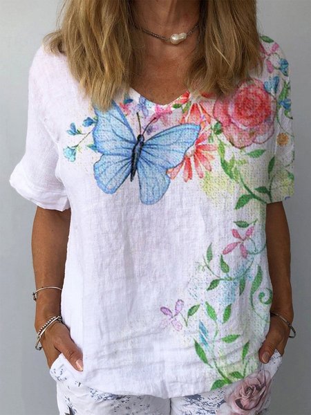 Floral Casual Short Sleeve Tops, White, Shirts & Blouses