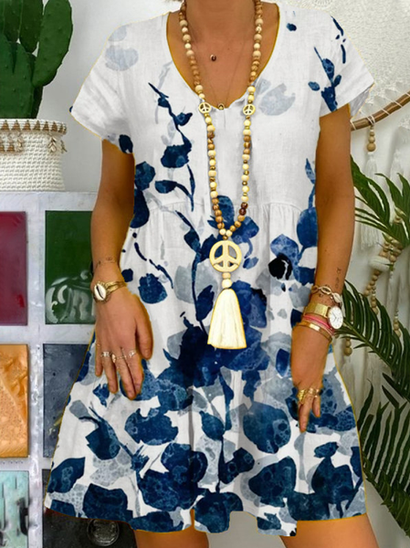 Casual Plants Short Sleeve Woven Dress, White, Dresses
